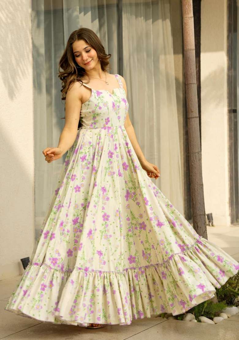 Off White Printed Rayon Gown - Indya