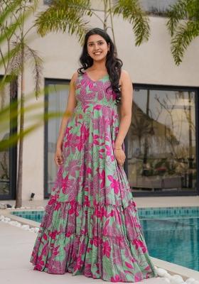 Off White Printed Rayon Gown