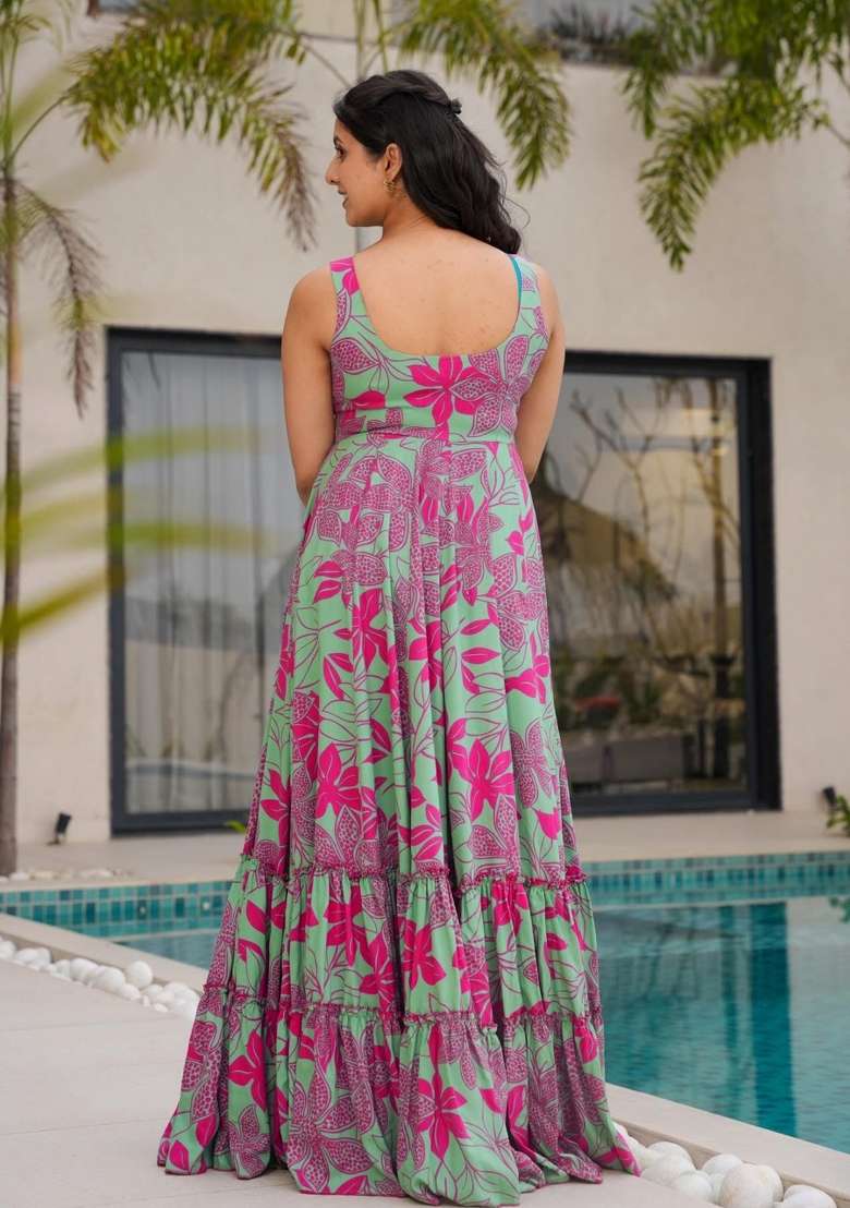 Off White Printed Rayon Gown - Indya