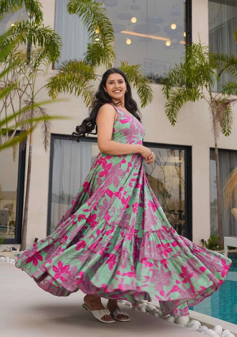 Off White Printed Rayon Gown - Indya