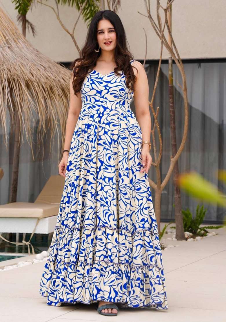 Off White Printed Rayon Gown - Indya