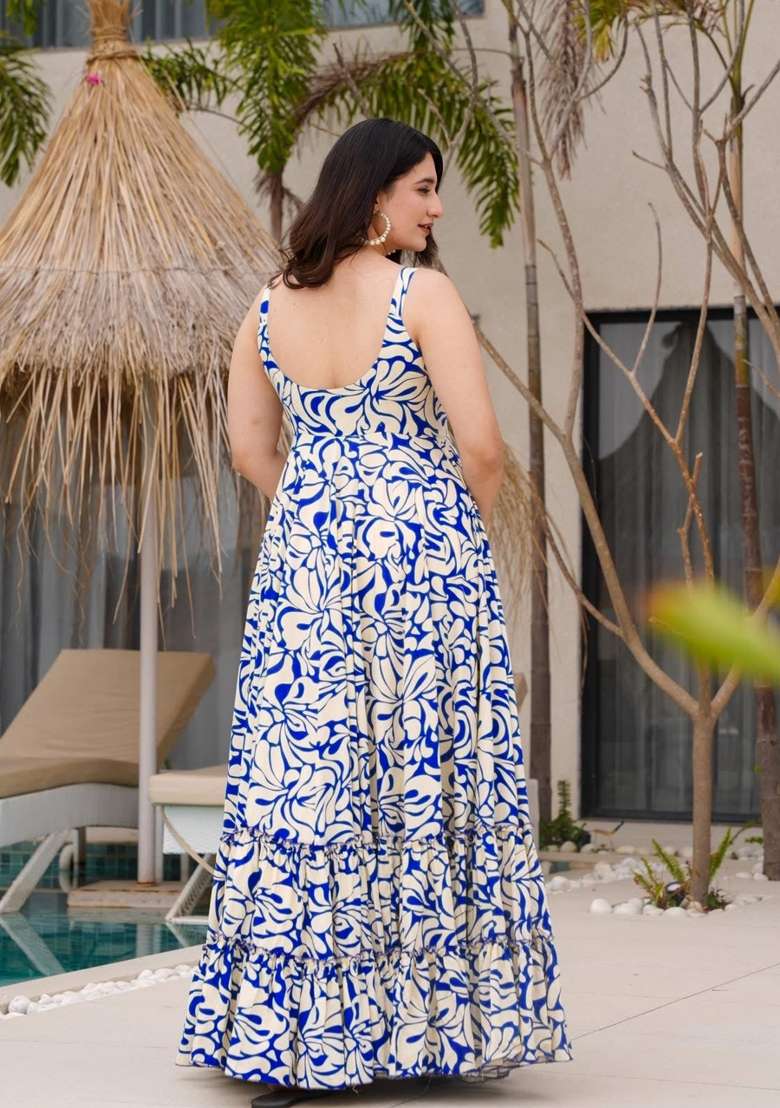 Off White Printed Rayon Gown - Indya