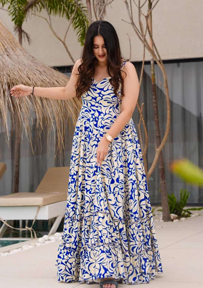 Off White Printed Rayon Gown - Indya