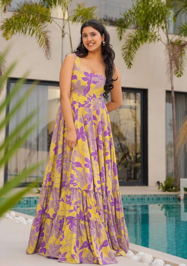 Yellow Printed Rayon Gown - Indya