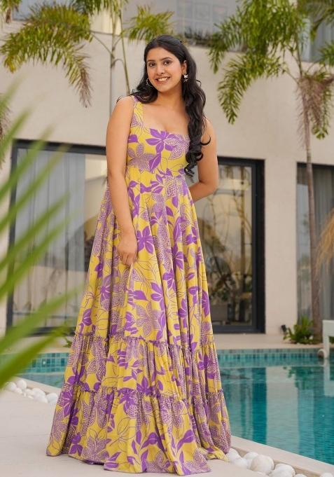 Yellow Printed Rayon Gown