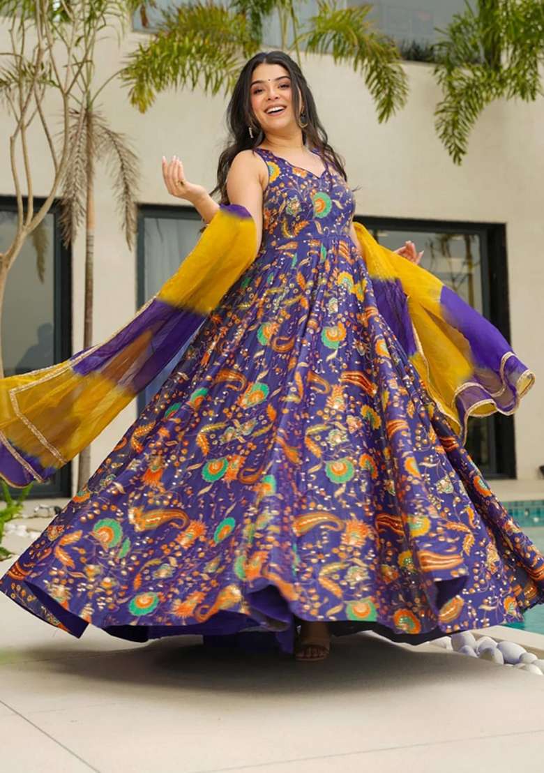 Purple Printed Gown With Dupatta - Indya