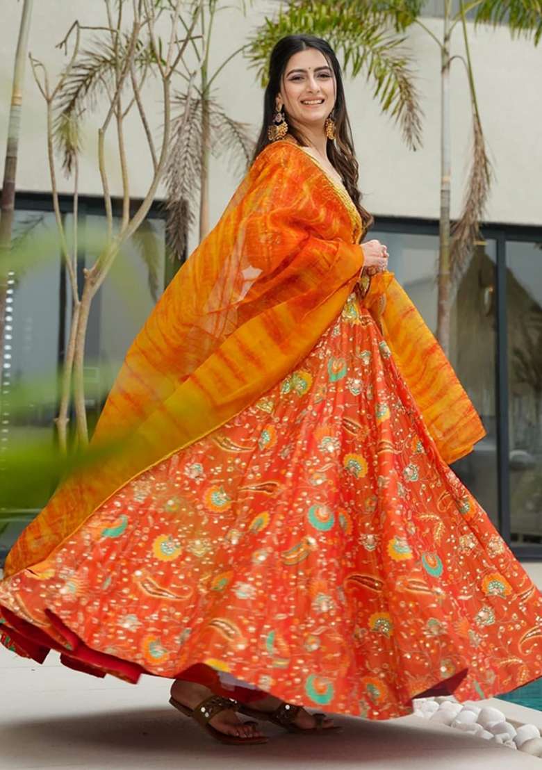 Orange Printed Gown With Dupatta - Indya