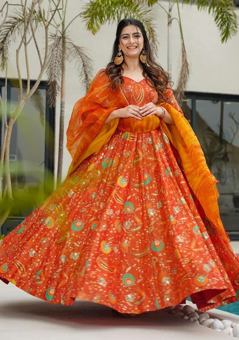 Orange Printed Gown With Dupatta - Indya