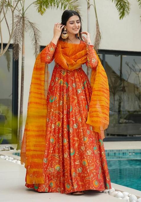 Orange Printed Gown With Dupatta