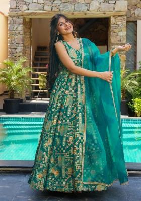 Sea Green Printed Gown With Dupatta