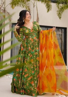Mehendi Printed Gown With Dupatta