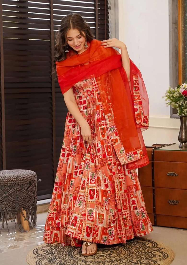 Rust Printed Gown With Dupatta - Indya