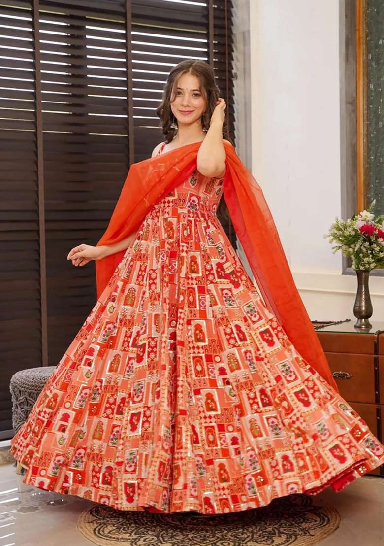 Rust Printed Gown With Dupatta - Indya