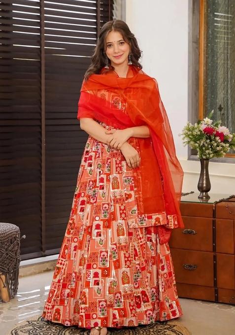 Rust Printed Gown With Dupatta