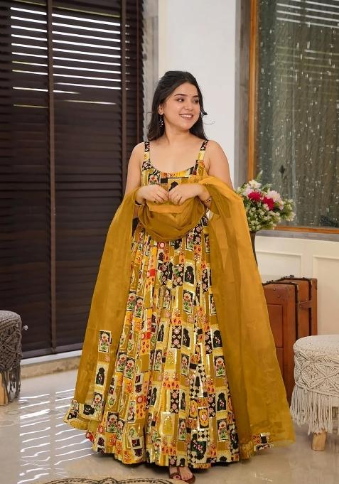Olive Printed Gown With Dupatta
