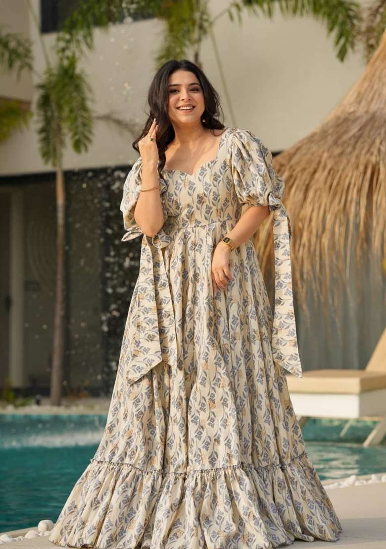 Grey Printed Rayon Gown - Indya