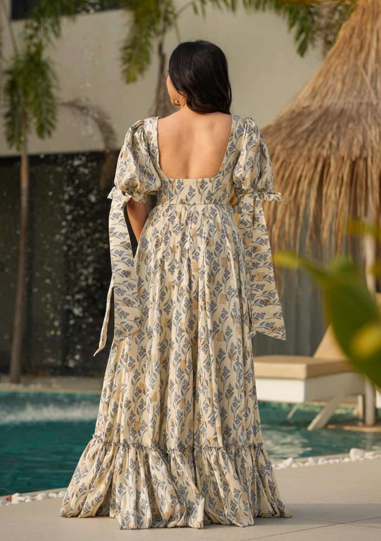 Grey Printed Rayon Gown - Indya