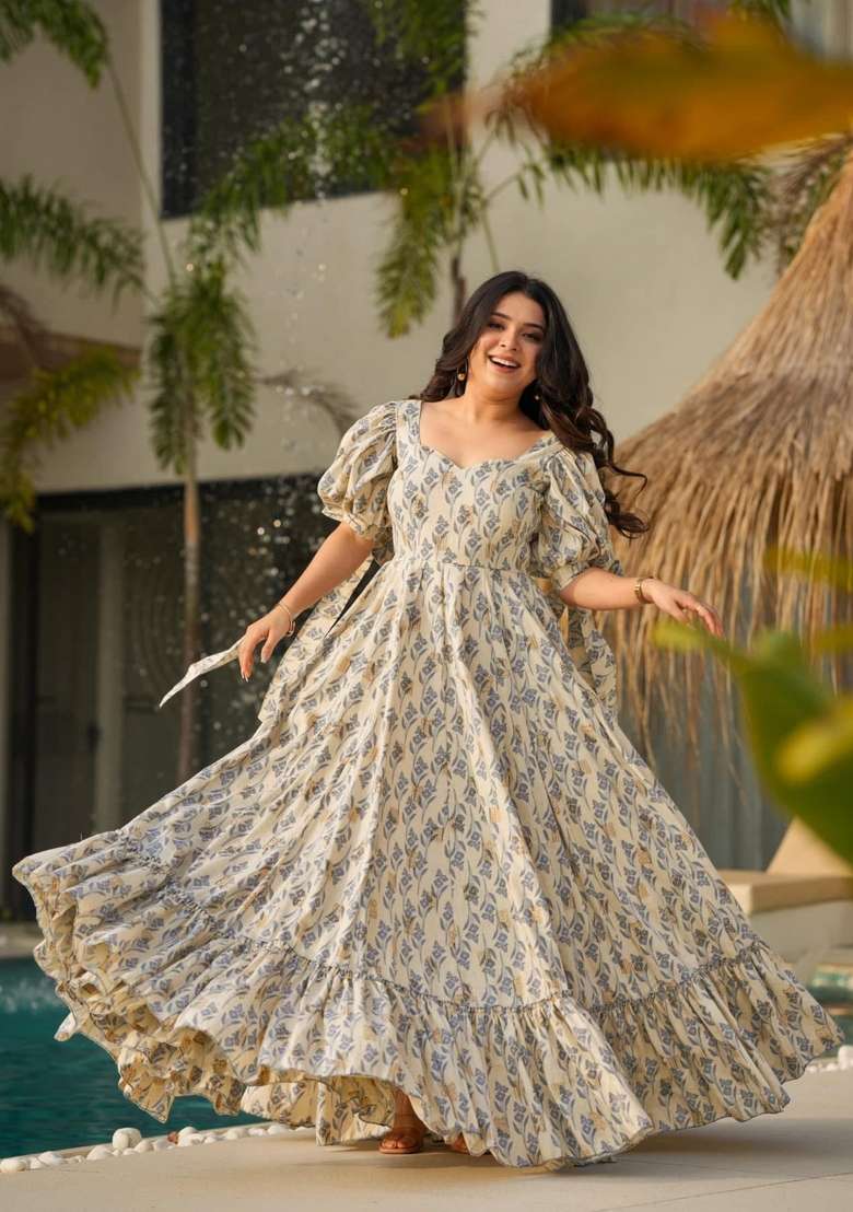 Grey Printed Rayon Gown - Indya