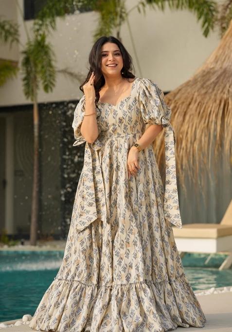 Grey Printed Rayon Gown