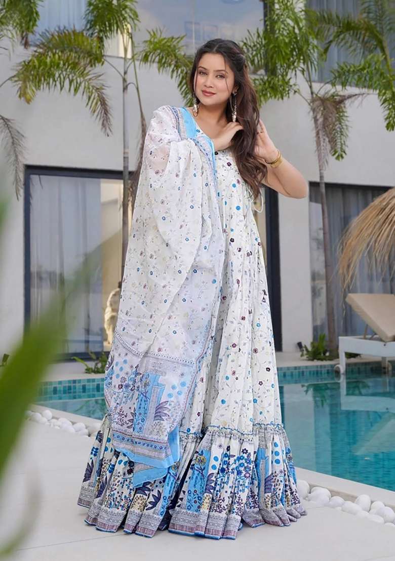 Off White Printed Rayon Gown - Indya