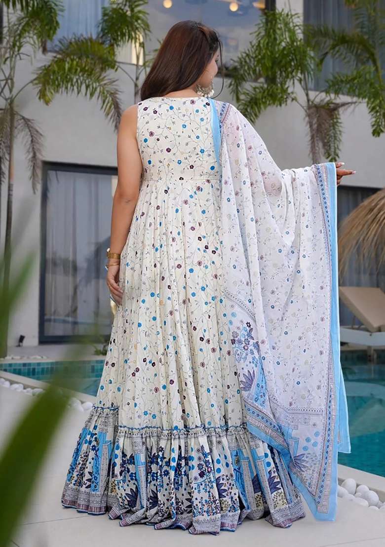 Off White Printed Rayon Gown - Indya