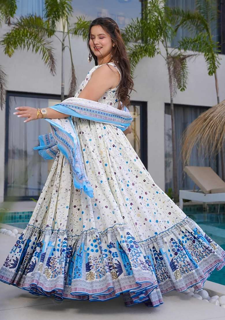 Off White Printed Rayon Gown - Indya