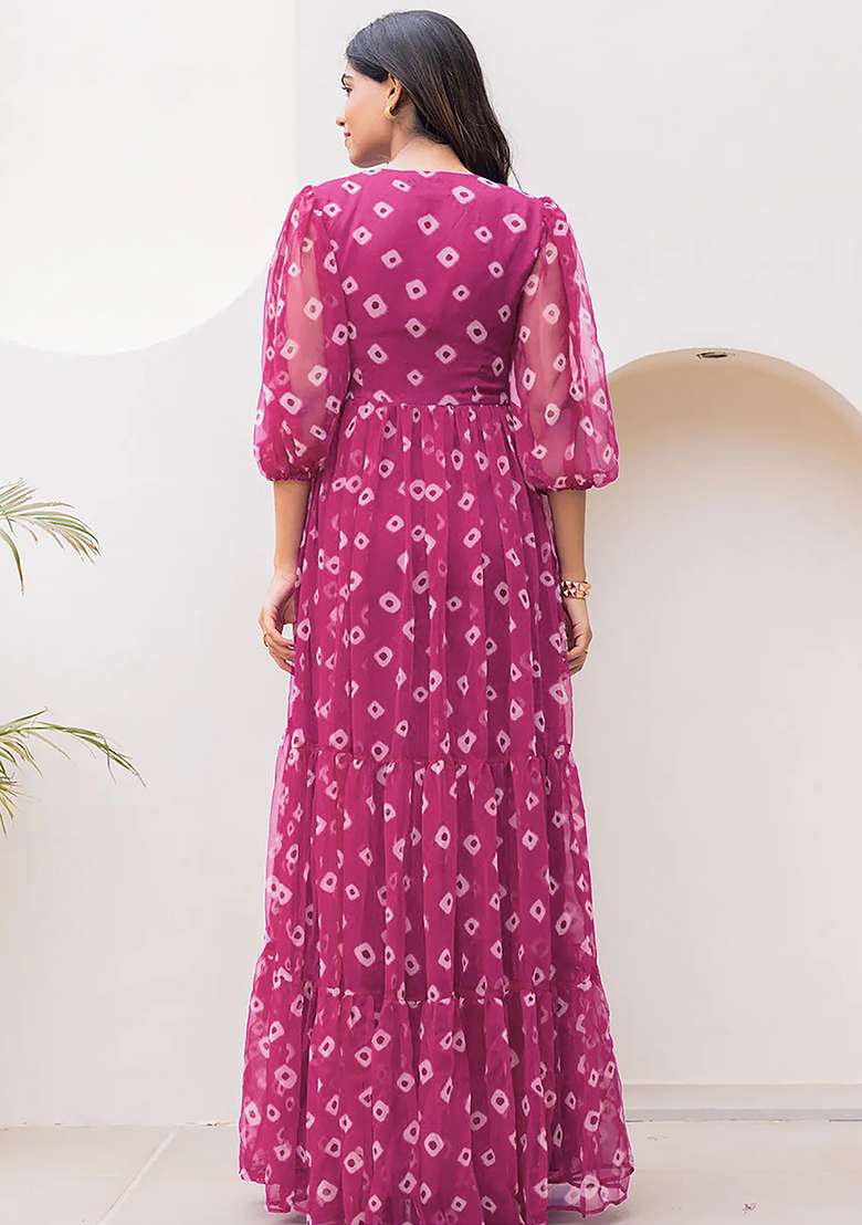 Magenta Printed Georgette Gown - Indya