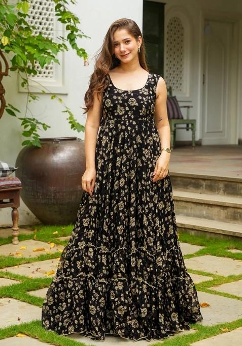 Black Printed Georgette Gown With Dupatta