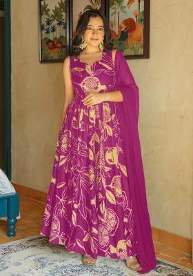 Purple Printed Rayon Gown With Dupatta