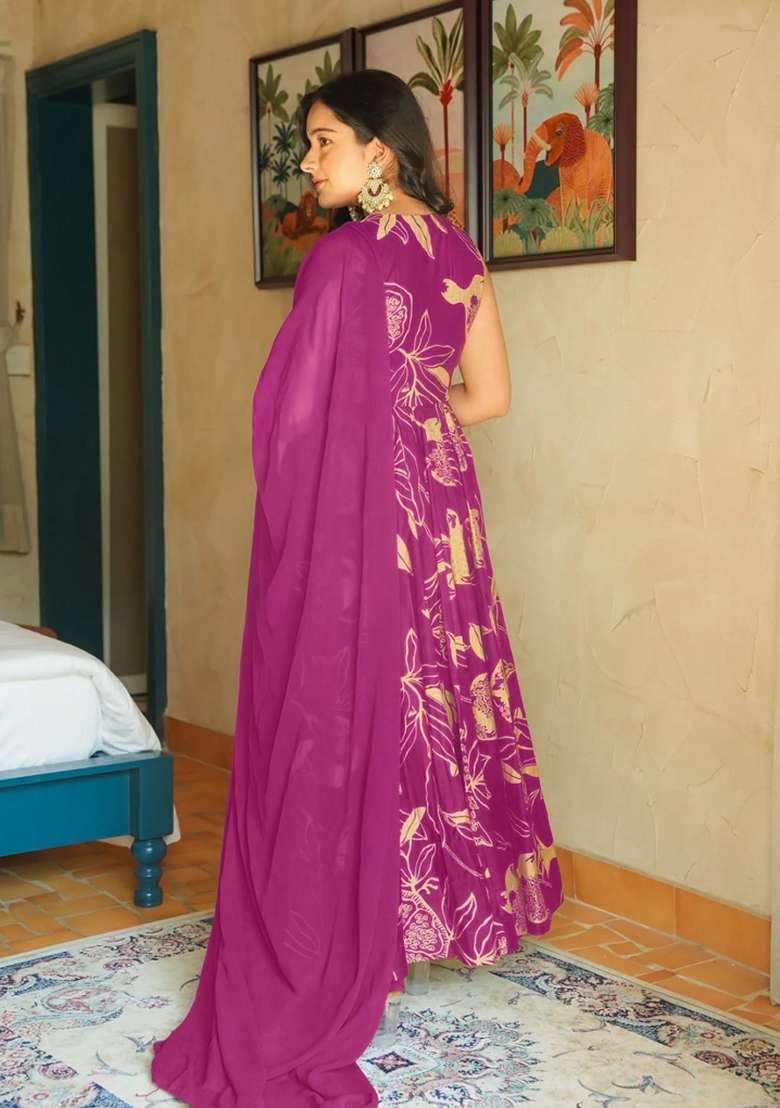 Purple Printed Rayon Gown With Dupatta - Indya