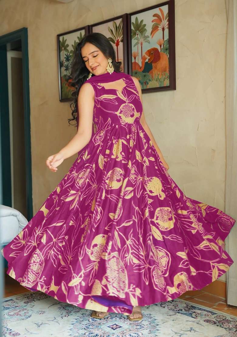 Purple Printed Rayon Gown With Dupatta - Indya