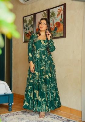 Sea Green Printed Rayon Gown With Dupatta