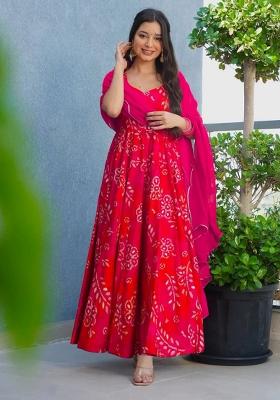 Red Printed Rayon Gown With Dupatta
