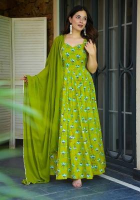 Parrot Green Printed Rayon Gown With Dupatta