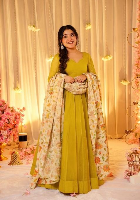 Mustard Printed Gown With Dupatta