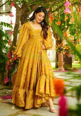 Mustard Printed Chinon Gown With Dupatta
