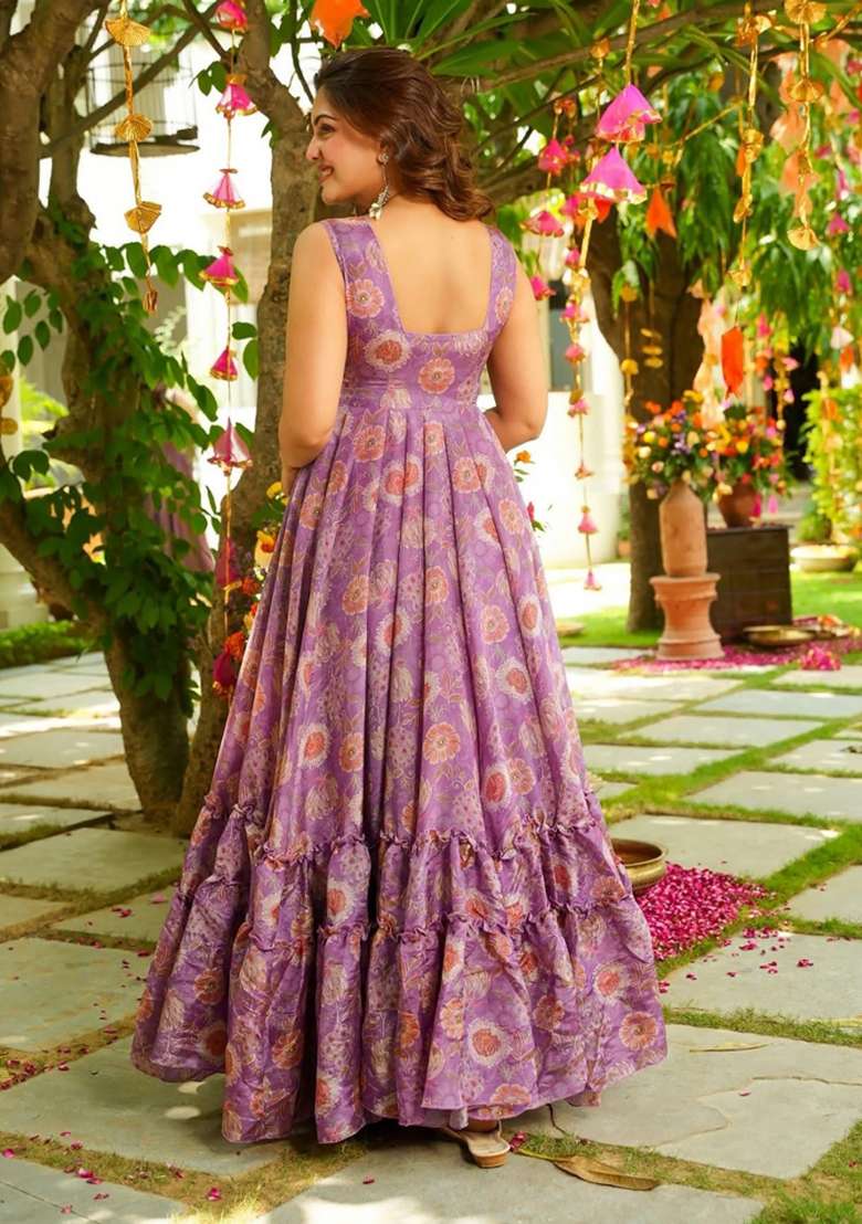 Purple Printed Chinon Gown With Dupatta - Indya