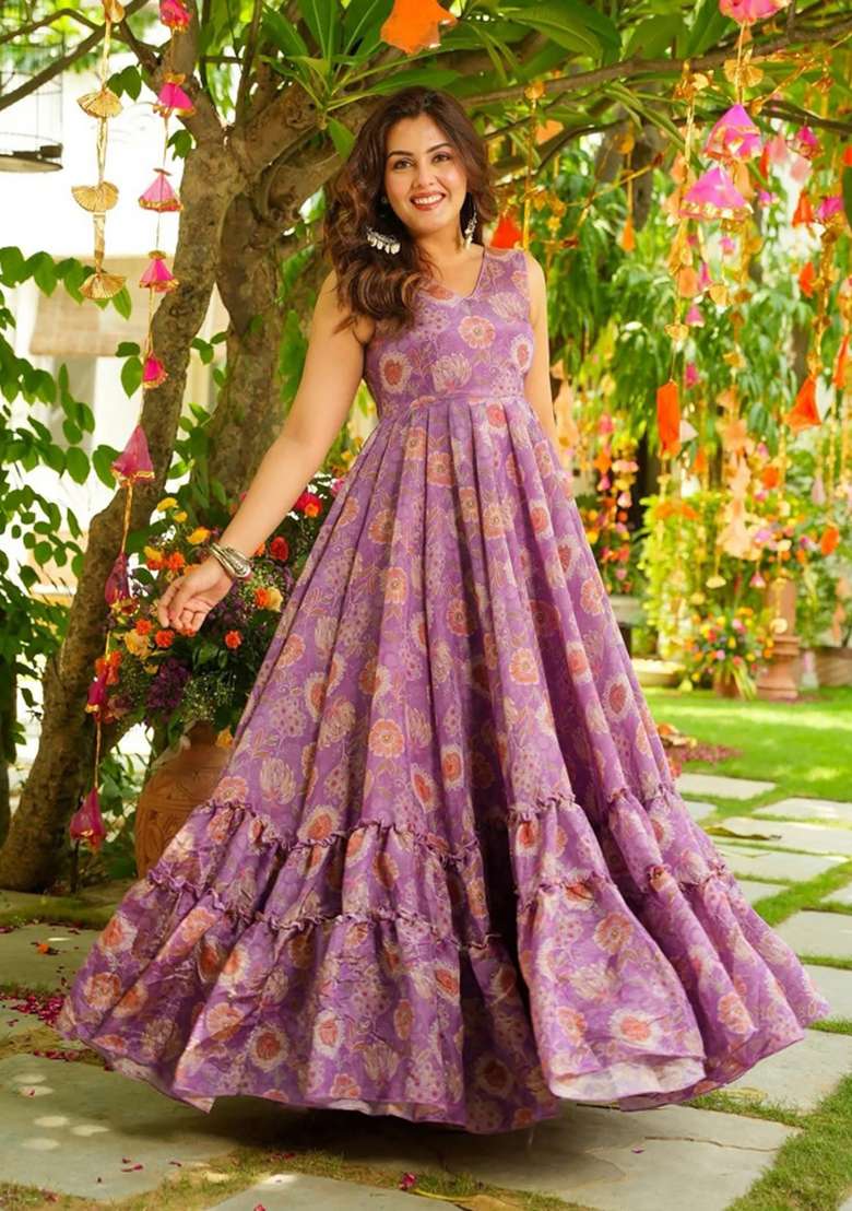 Purple Printed Chinon Gown With Dupatta - Indya
