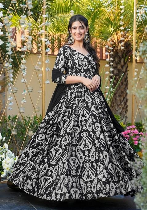 Black Printed Rayon Gown With Dupatta