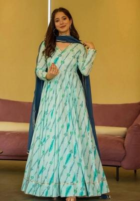 Sea Green Printed Rayon Gown With Dupatta
