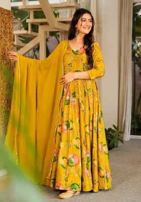 Mustard Printed Rayon Gown With Dupatta