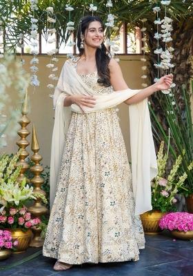 Off White Printed Rayon Gown With Dupatta