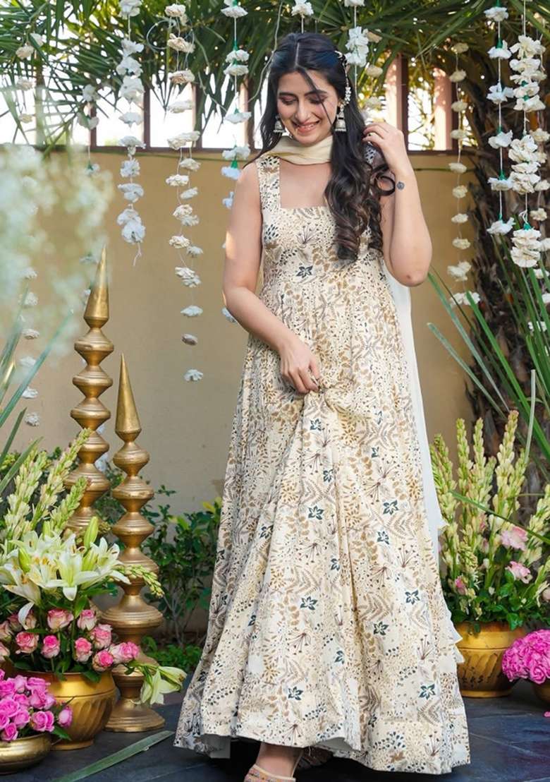 Off White Printed Rayon Gown With Dupatta - Indya