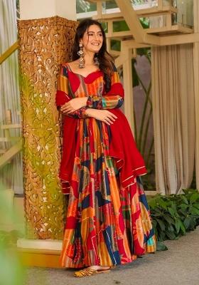 Red Printed Rayon Gown With Dupatta