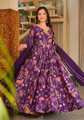 Purple Printed Rayon Gown With Dupatta