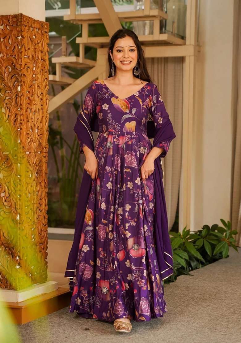 Purple Printed Rayon Gown With Dupatta - Indya