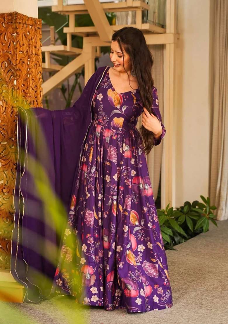 Purple Printed Rayon Gown With Dupatta - Indya