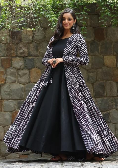 Black Printed Georgette Gown
