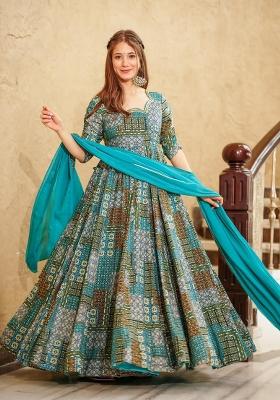 Blue Printed Rayon Gown With Dupatta