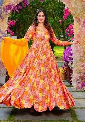 Mustard Printed Rayon Gown With Dupatta